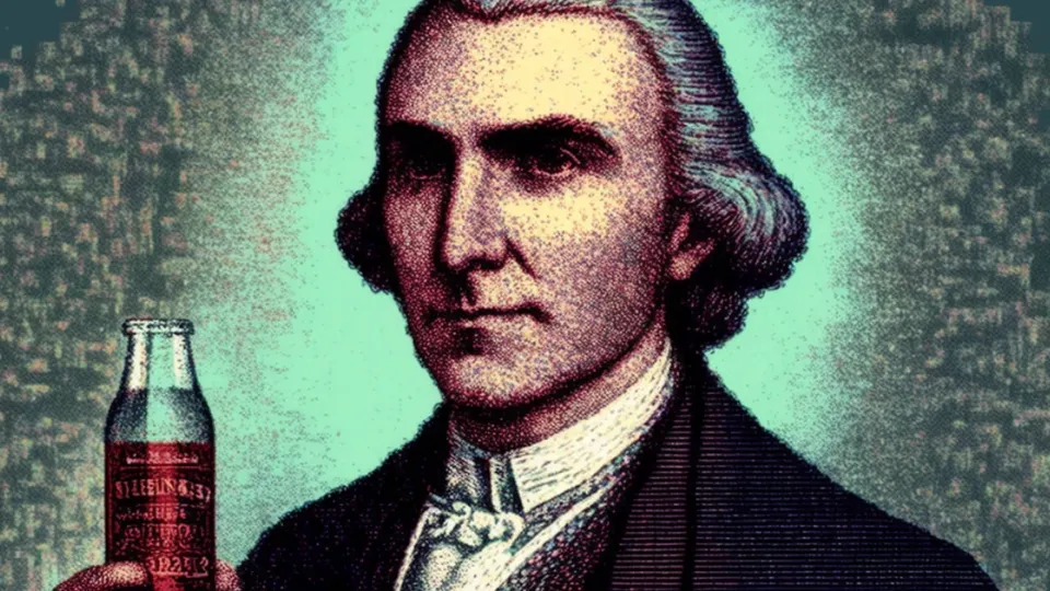 Engraved-style portrait of an 18th-century man holding a red soda bottle