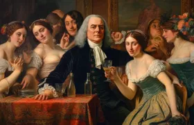 Painting of Benjamin Franklin surrounded by women raising wine glasses
