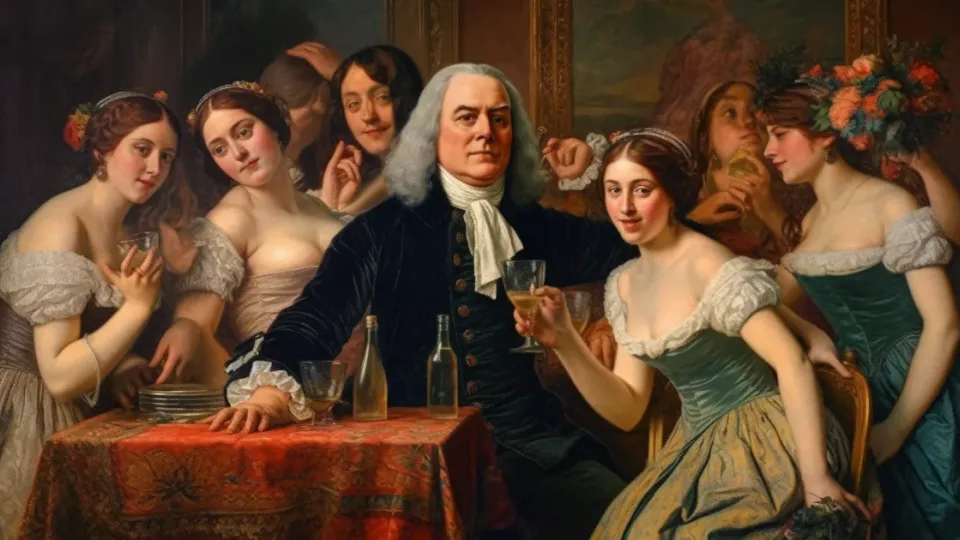 Painting of Benjamin Franklin surrounded by women raising wine glasses