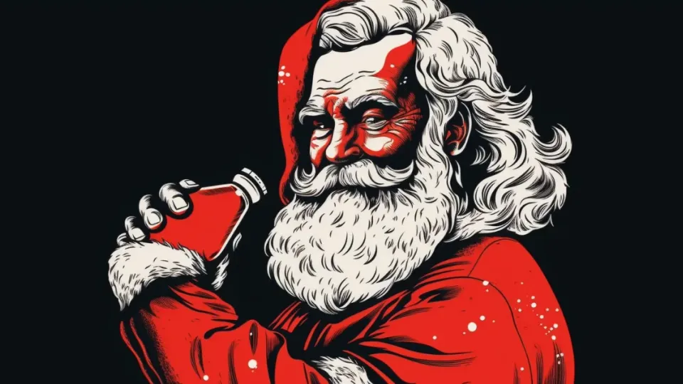 Illustrated Santa Claus in red suit drinking from a bottle