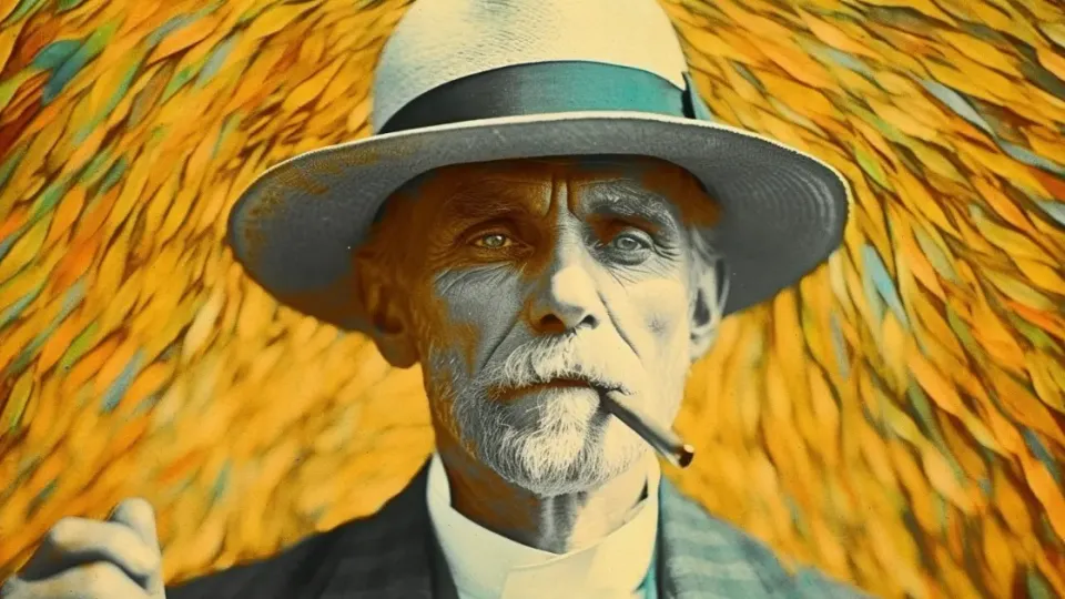 Colorized portrait of elderly man in panama hat smoking a cigarette