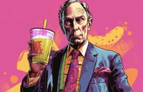 Illustrated gray-haired man in blue suit holding oversized soda cup