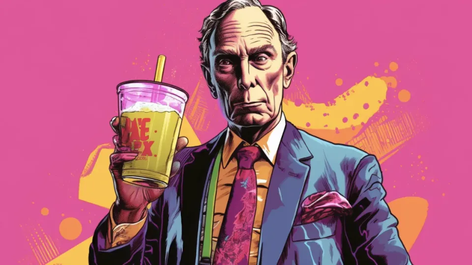 Illustrated gray-haired man in blue suit holding oversized soda cup