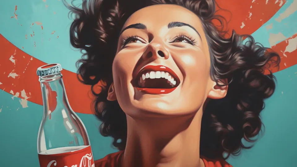Illustrated woman laughing joyfully beside a glass Coca-Cola bottle