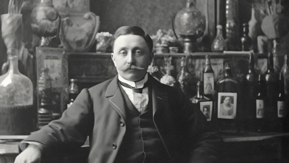 Portrait of mustached Frank Mason Robinson seated among apothecary bottles