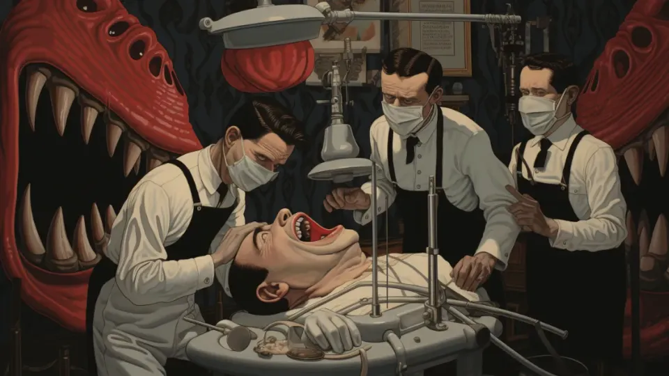 Illustrated dentists extracting a screaming patient tooth beside giant fanged jaws