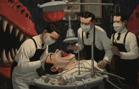 Illustrated dentists extracting a screaming patient tooth beside giant fanged jaws