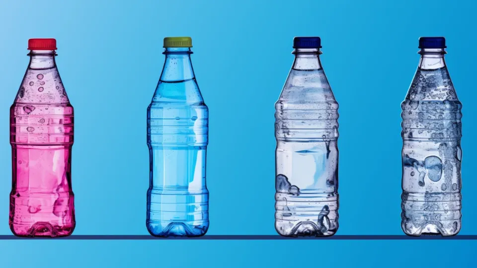 Four plastic water bottles in pink, blue and clear on blue background