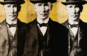 Sepia portrait of mustached man in bowler hat repeated three times
