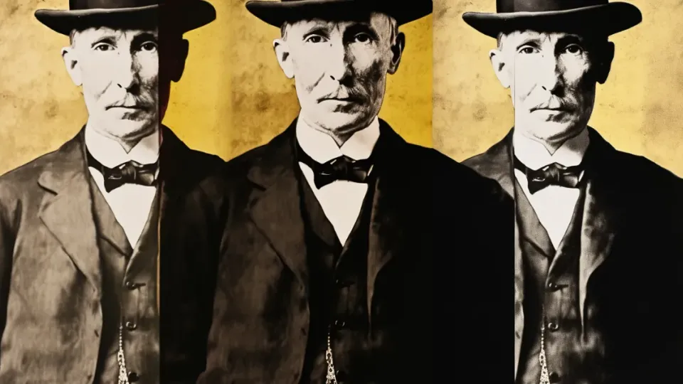 Sepia portrait of mustached man in bowler hat repeated three times