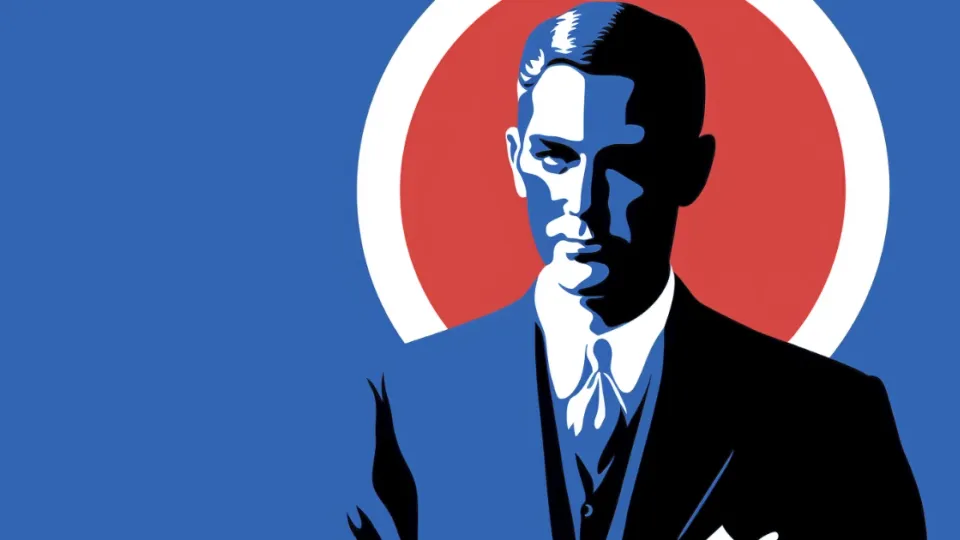 Pop-art portrait of a suited executive against a red circle