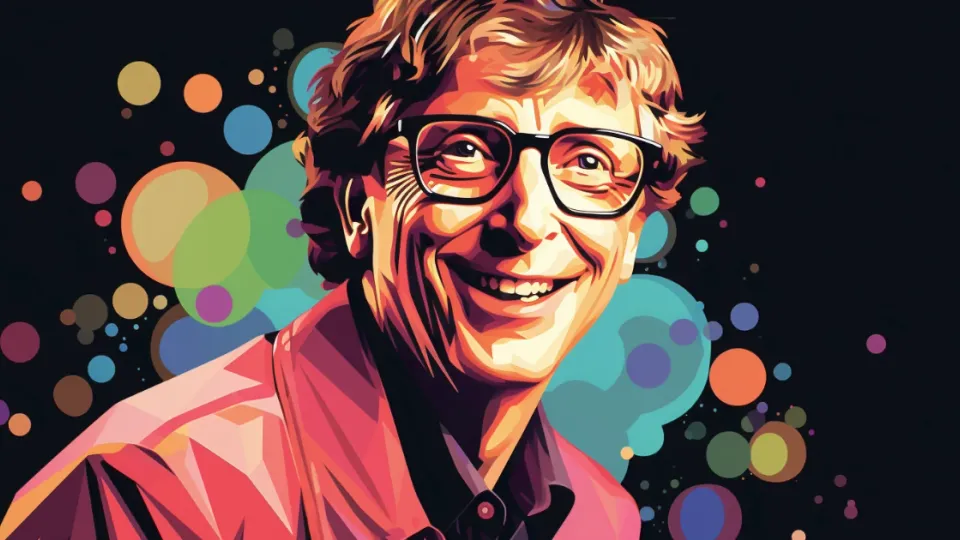 Pop-art illustration of Bill Gates smiling in glasses and pink shirt