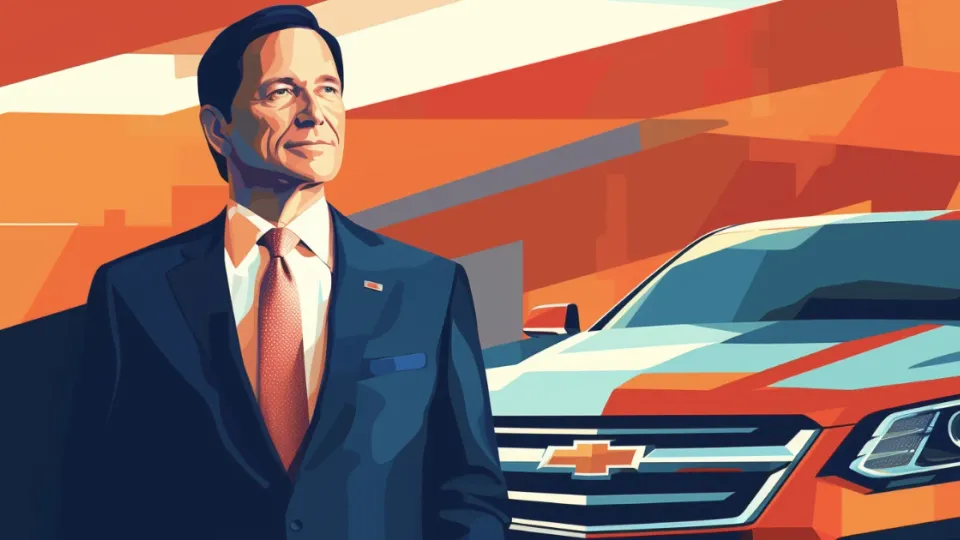 Illustrated executive in dark suit beside orange Chevrolet SUV grille
