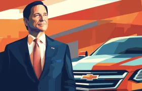 Illustrated executive in dark suit beside orange Chevrolet SUV grille
