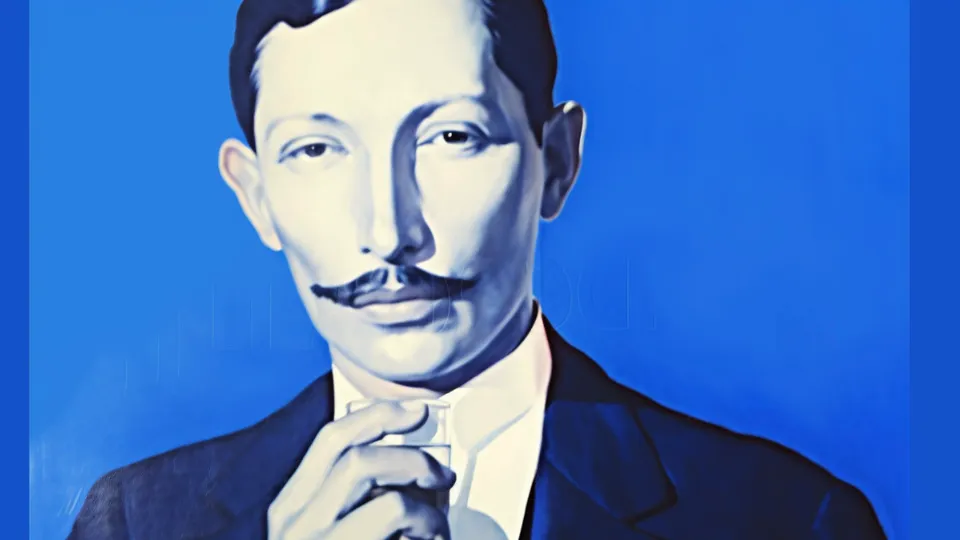 Stylized blue portrait of Pepsi founder Caleb Bradham with handlebar moustache