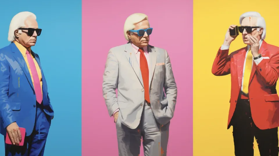Triptych of three white-haired executives in bright suits and sunglasses