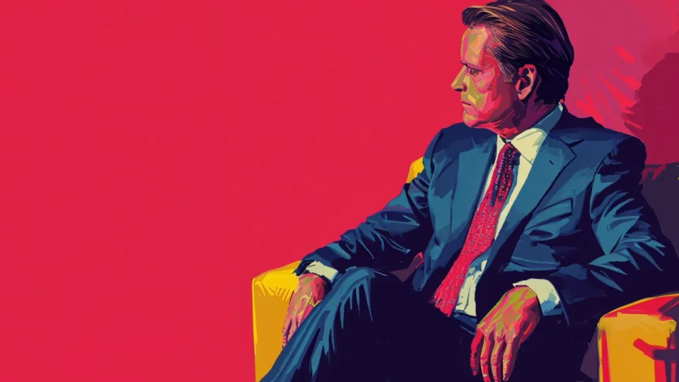Businessman in blue suit seated in yellow armchair, pop-art portrait