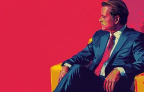 Businessman in blue suit seated in yellow armchair, pop-art portrait