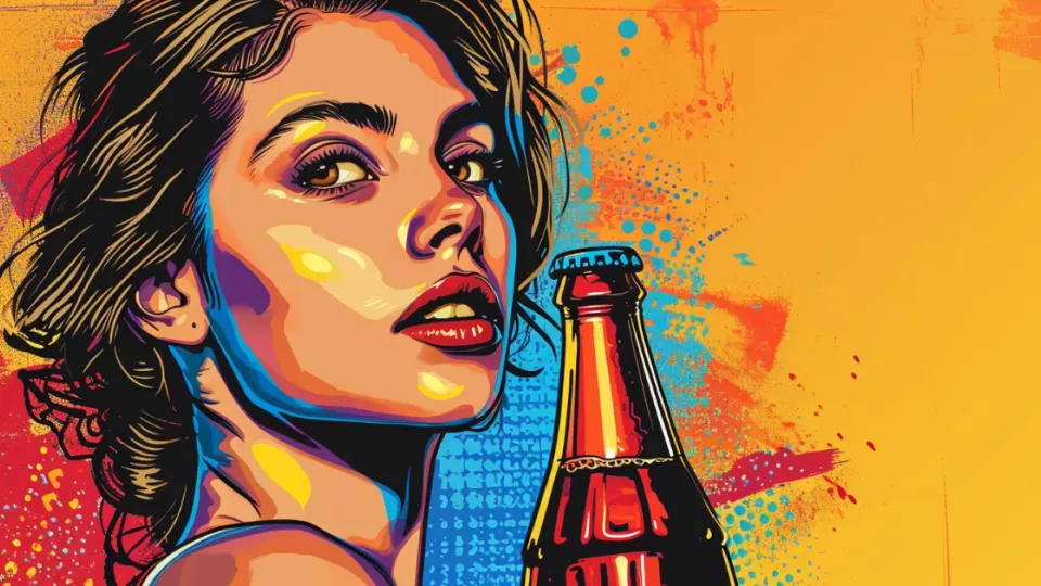 Pop-art illustration of a woman beside an unbranded red glass soda bottle