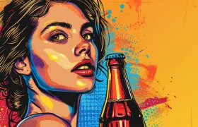 Pop-art illustration of a woman beside an unbranded red glass soda bottle