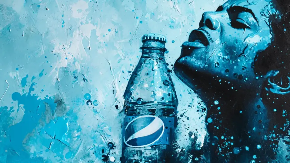 Teal painted artwork of a Pepsi bottle and thirsty woman
