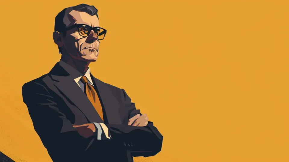 Illustrated executive in a dark suit and glasses, mustard background