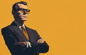 Illustrated executive in a dark suit and glasses, mustard background