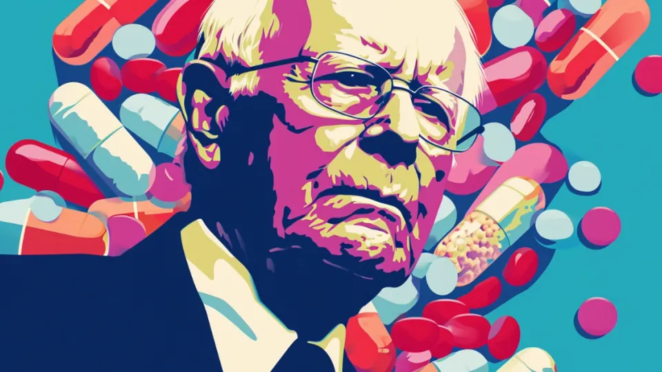 Pop art portrait of a white-haired executive surrounded by colorful pills and capsules