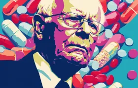 Pop art portrait of a white-haired executive surrounded by colorful pills and capsules