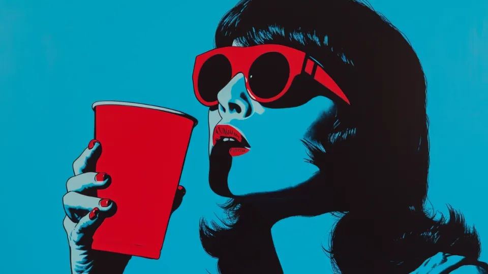 Pop art woman in red sunglasses sipping from a red cup