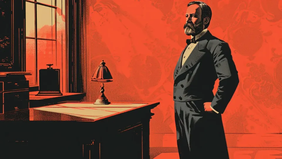 Bearded 19th century businessman standing by a desk in a red-toned office