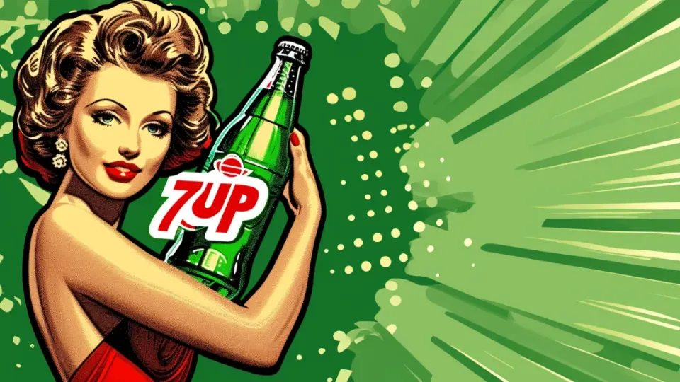 Retro illustration of woman in red dress holding green 7UP bottle