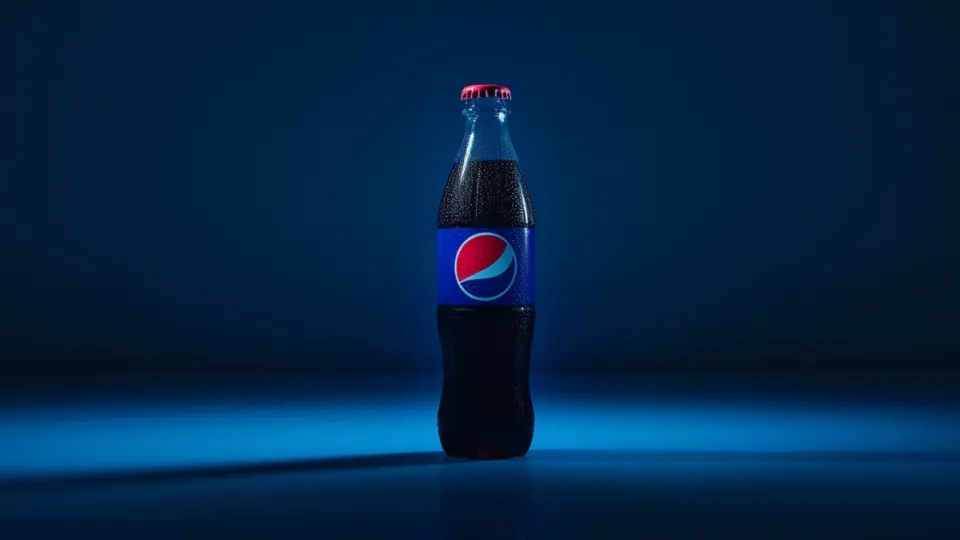 Pepsi glass bottle lit against a dark blue background