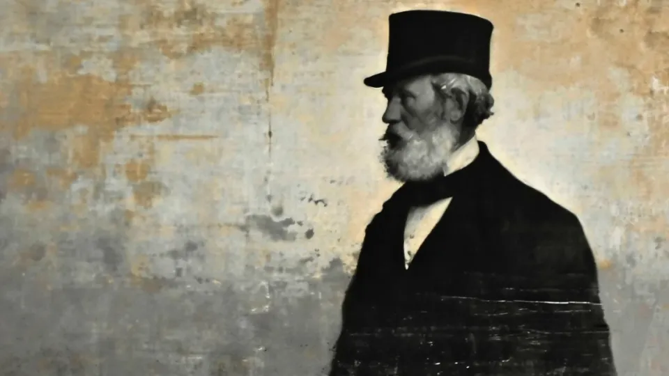 Wells Fargo CEO history illustration, bearded man in top hat