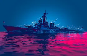 Soviet naval warship at sea in blue and pink duotone
