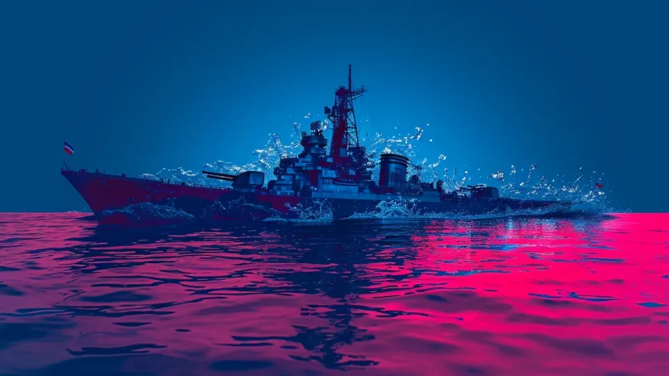 Soviet naval warship at sea in blue and pink duotone