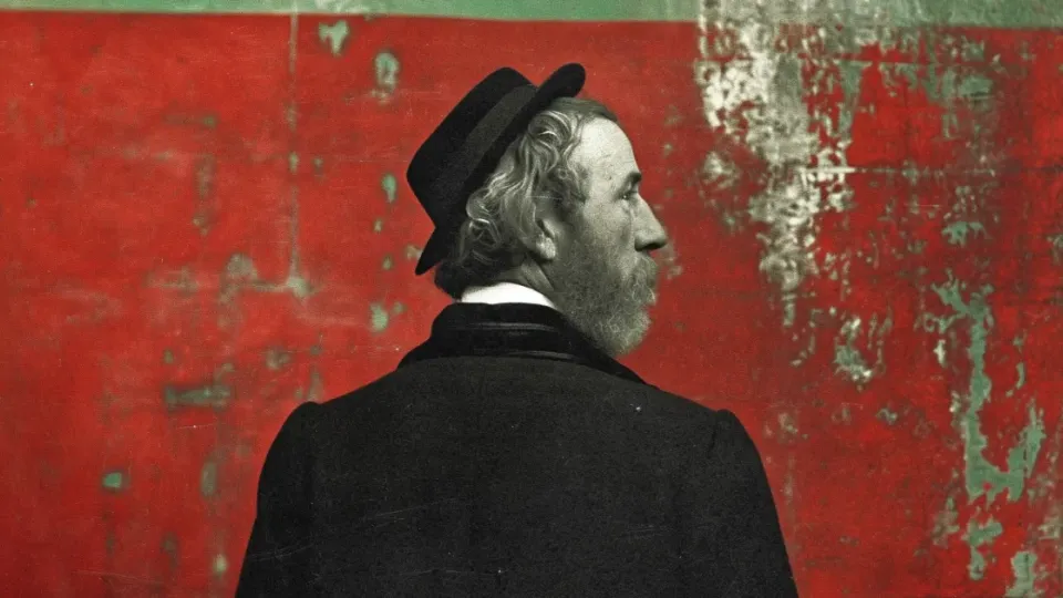 Illustration of a bearded 19th-century businessman in a bowler hat seen from behind against a weathered red wall, evoking P&G's founding era