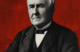 Thomas Edison portrait in a dark suit against a red painted background