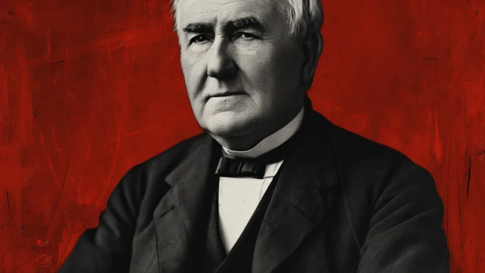 Thomas Edison portrait in a dark suit against a red painted background