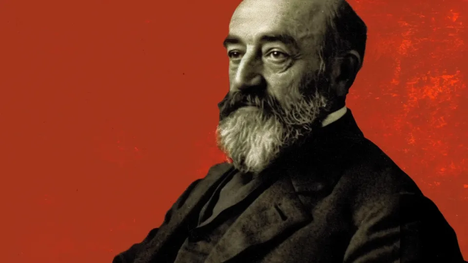 Marcus Goldman portrait, bearded founder in dark suit on red background