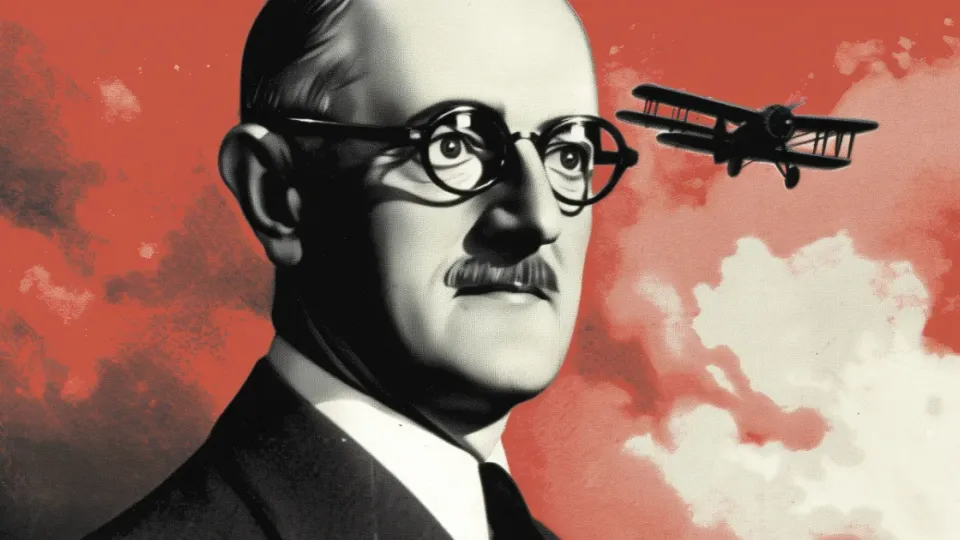 William Boeing portrait with a biplane flying through red clouds behind him