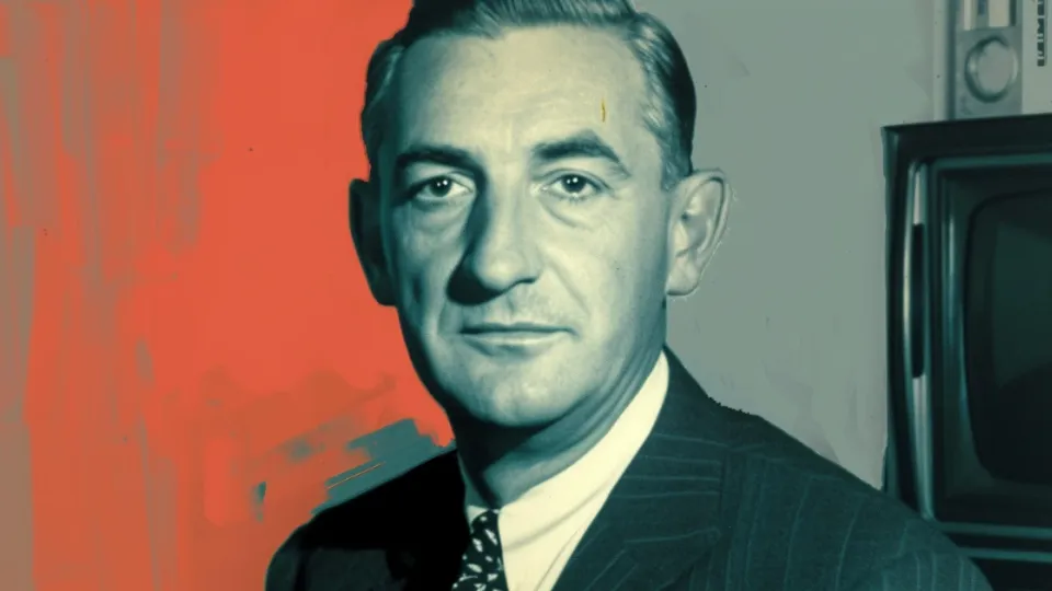 Mid-century businessman in pinstripe suit beside a vintage television set