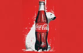 Coca-Cola contour bottle over halftone polar bear on red background