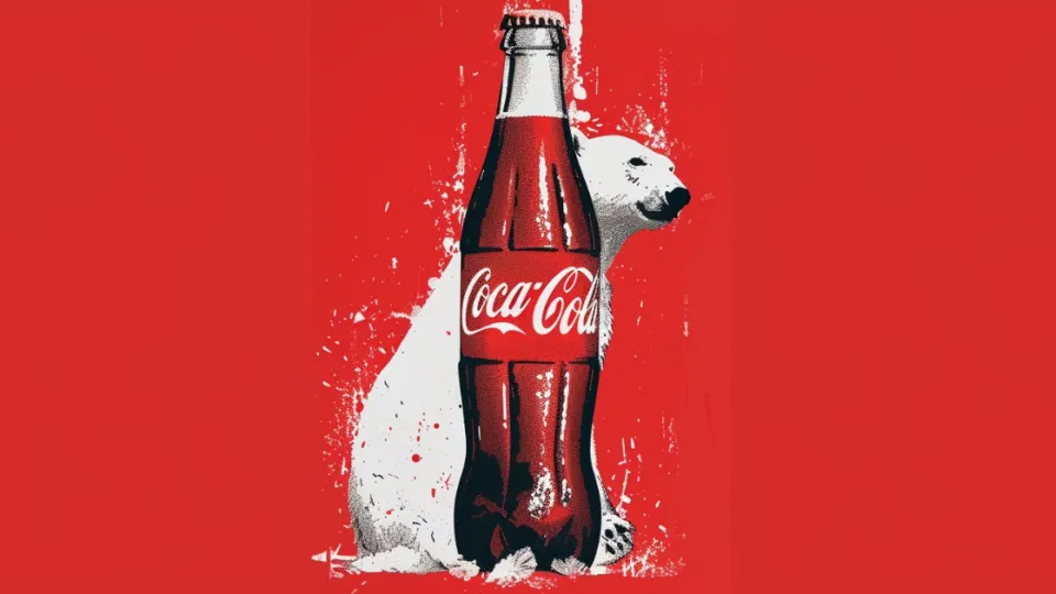 Coca-Cola contour bottle over halftone polar bear on red background