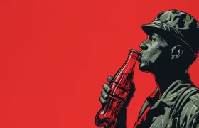 Illustrated soldier in camouflage cap drinking from red contour soda bottle