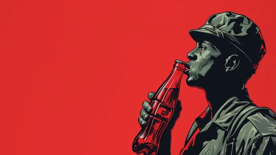 Illustrated soldier in camouflage cap drinking from red contour soda bottle