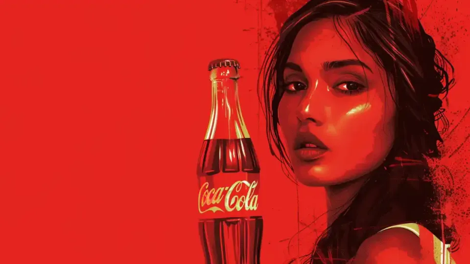 Coca-Cola glass bottle beside stylized red portrait of Indian woman