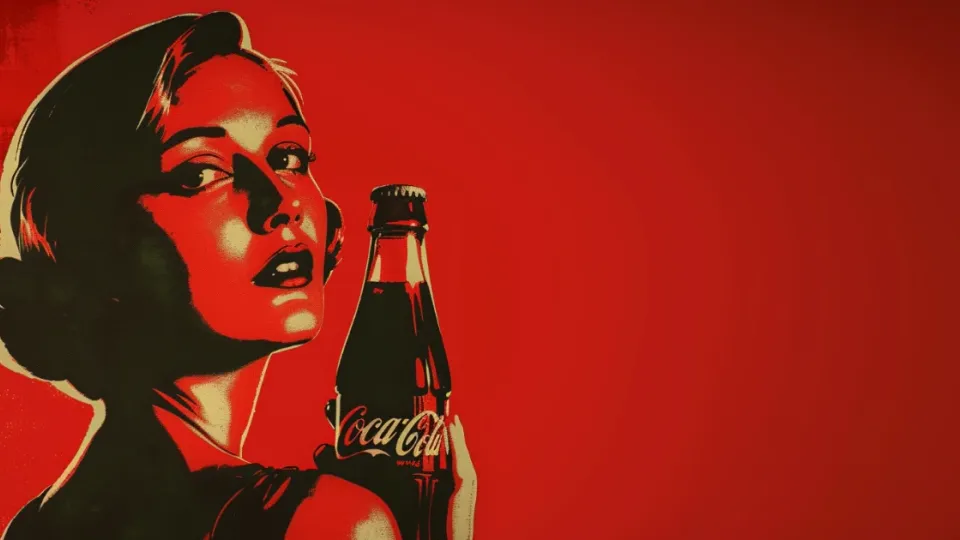 Retro red poster illustration of a woman holding a Coca-Cola bottle