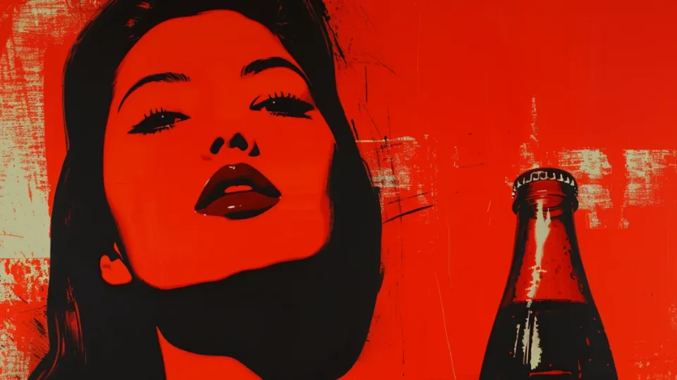 Red pop-art portrait of a woman beside a Coca-Cola bottle