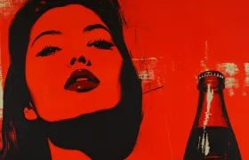 Red pop-art portrait of a woman beside a Coca-Cola bottle